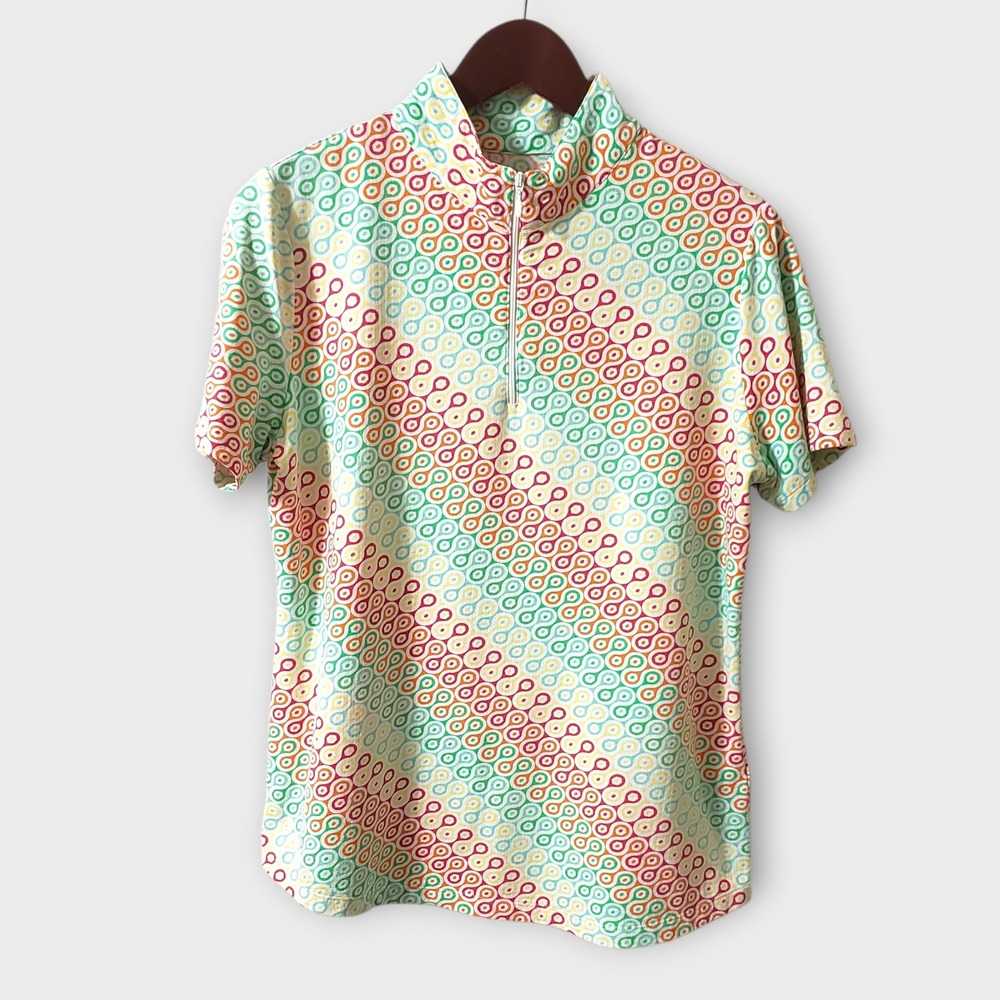 IBKUL Womens 1/4 Zip Mockneck Polo Short Sleeve Multicolor Geometric Print Large